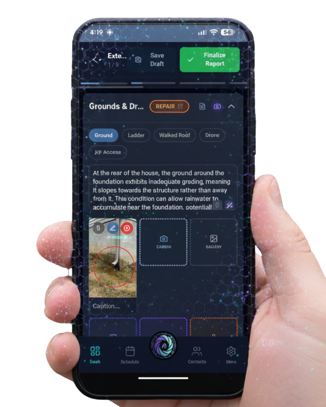 SpecuLink mobile home inspection app interface showing AI reporting tools